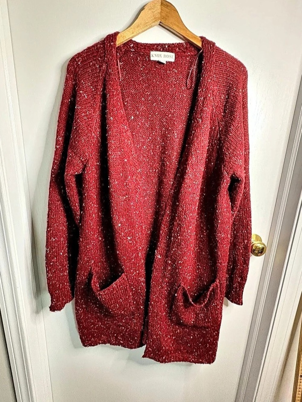 Knox Rose XXL Burgundy Open Front Cardigan Variegated Yarn Front Pockets Boho